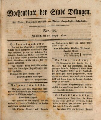 Wochenblatt der Stadt Dillingen Mittwoch 30. August 1820