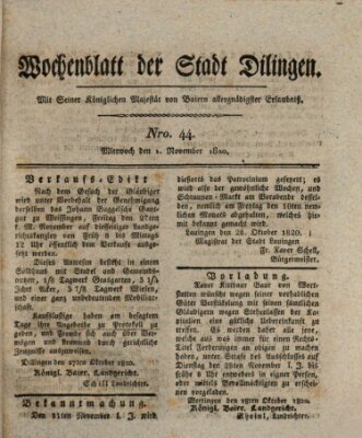 Wochenblatt der Stadt Dillingen Mittwoch 1. November 1820