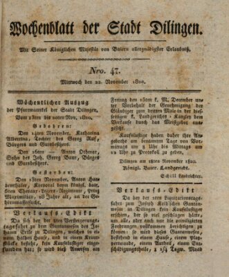 Wochenblatt der Stadt Dillingen Mittwoch 22. November 1820