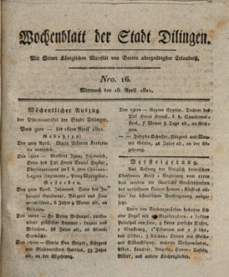 Wochenblatt der Stadt Dillingen Mittwoch 18. April 1821