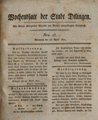 Wochenblatt der Stadt Dillingen Mittwoch 25. April 1821