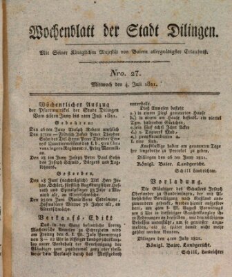 Wochenblatt der Stadt Dillingen Mittwoch 4. Juli 1821