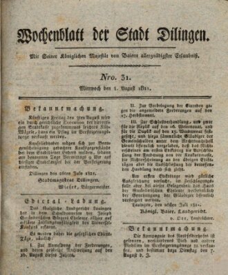 Wochenblatt der Stadt Dillingen Mittwoch 1. August 1821