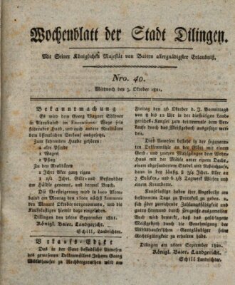 Wochenblatt der Stadt Dillingen Mittwoch 3. Oktober 1821