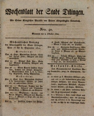 Wochenblatt der Stadt Dillingen Mittwoch 2. Oktober 1822