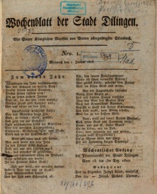 Wochenblatt der Stadt Dillingen Mittwoch 1. Januar 1823