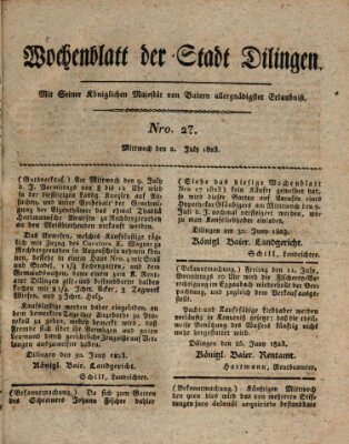 Wochenblatt der Stadt Dillingen Mittwoch 2. Juli 1823