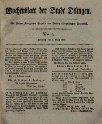 Wochenblatt der Stadt Dillingen Mittwoch 1. März 1826