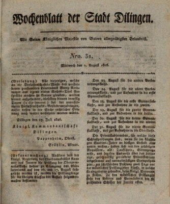 Wochenblatt der Stadt Dillingen Mittwoch 2. August 1826