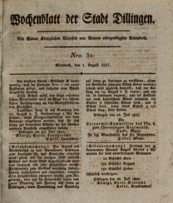 Wochenblatt der Stadt Dillingen Mittwoch 1. August 1827