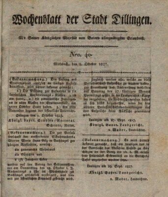 Wochenblatt der Stadt Dillingen Mittwoch 3. Oktober 1827