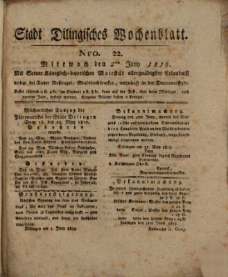 Wochenblatt der Stadt Dillingen Mittwoch 2. Juni 1819