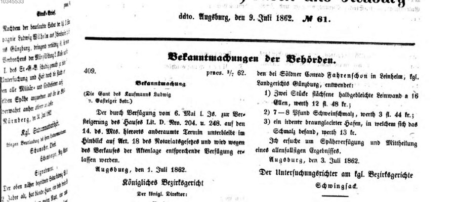 Königlich Bayerisches Kreis-Amtsblatt von Schwaben und Neuburg Mittwoch 9. Juli 1862