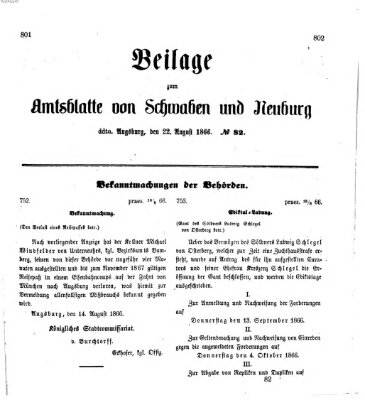 Königlich Bayerisches Kreis-Amtsblatt von Schwaben und Neuburg Mittwoch 22. August 1866