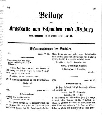 Königlich Bayerisches Kreis-Amtsblatt von Schwaben und Neuburg Mittwoch 2. Oktober 1867