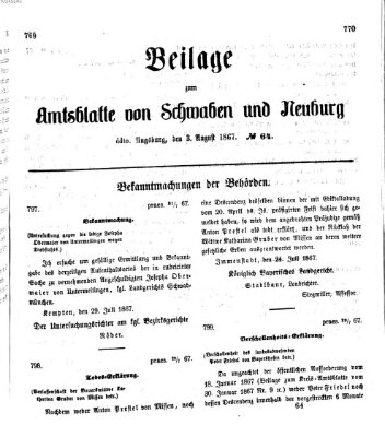 Königlich Bayerisches Kreis-Amtsblatt von Schwaben und Neuburg Samstag 3. August 1867