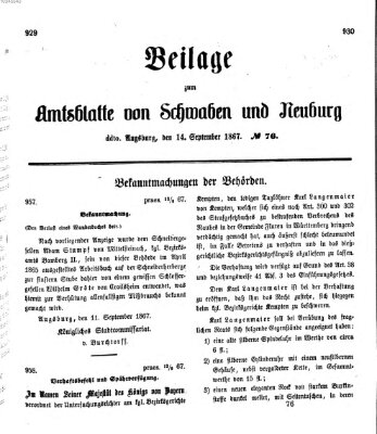 Königlich Bayerisches Kreis-Amtsblatt von Schwaben und Neuburg Samstag 14. September 1867