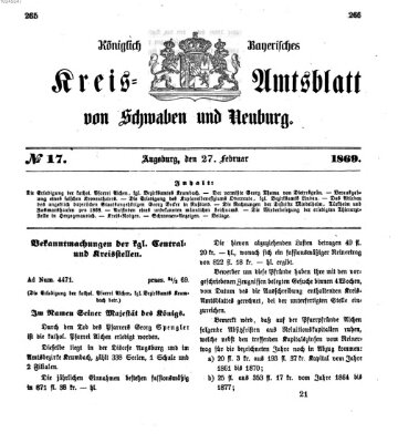 Königlich Bayerisches Kreis-Amtsblatt von Schwaben und Neuburg Samstag 27. Februar 1869