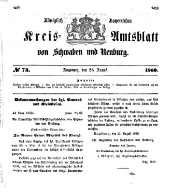Königlich Bayerisches Kreis-Amtsblatt von Schwaben und Neuburg Samstag 28. August 1869