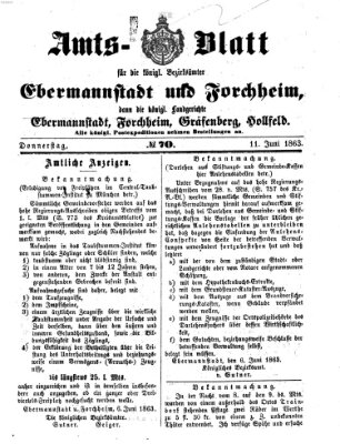 Amtsblatt für die Königlichen Bezirksämter Forchheim und Ebermannstadt sowie für die Königliche Stadt Forchheim Donnerstag 11. Juni 1863