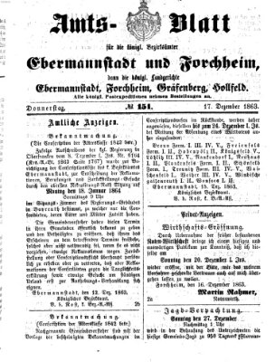 Amtsblatt für die Königlichen Bezirksämter Forchheim und Ebermannstadt sowie für die Königliche Stadt Forchheim Donnerstag 17. Dezember 1863