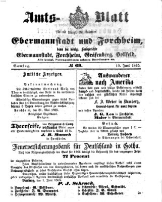 Amtsblatt für die Königlichen Bezirksämter Forchheim und Ebermannstadt sowie für die Königliche Stadt Forchheim Samstag 10. Juni 1865