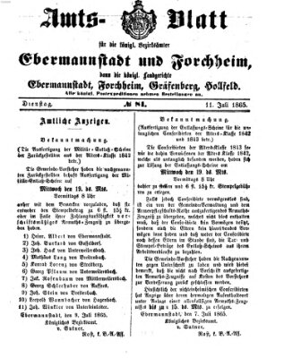 Amtsblatt für die Königlichen Bezirksämter Forchheim und Ebermannstadt sowie für die Königliche Stadt Forchheim Dienstag 11. Juli 1865