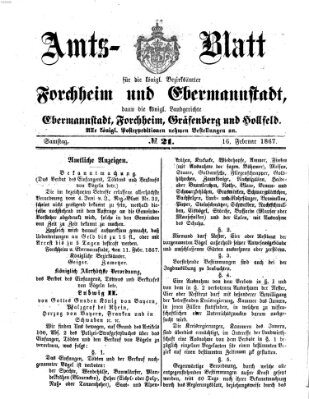 Amtsblatt für die Königlichen Bezirksämter Forchheim und Ebermannstadt sowie für die Königliche Stadt Forchheim Samstag 16. Februar 1867