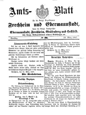 Amtsblatt für die Königlichen Bezirksämter Forchheim und Ebermannstadt sowie für die Königliche Stadt Forchheim Samstag 23. März 1867