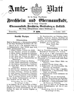 Amtsblatt für die Königlichen Bezirksämter Forchheim und Ebermannstadt sowie für die Königliche Stadt Forchheim Donnerstag 3. Oktober 1867