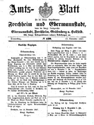 Amtsblatt für die Königlichen Bezirksämter Forchheim und Ebermannstadt sowie für die Königliche Stadt Forchheim Donnerstag 21. November 1867