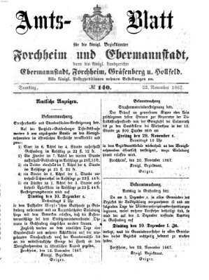 Amtsblatt für die Königlichen Bezirksämter Forchheim und Ebermannstadt sowie für die Königliche Stadt Forchheim Samstag 23. November 1867