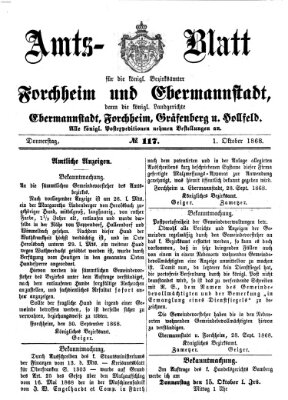 Amtsblatt für die Königlichen Bezirksämter Forchheim und Ebermannstadt sowie für die Königliche Stadt Forchheim Donnerstag 1. Oktober 1868