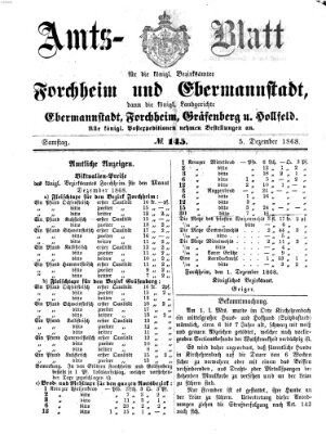 Amtsblatt für die Königlichen Bezirksämter Forchheim und Ebermannstadt sowie für die Königliche Stadt Forchheim Samstag 5. Dezember 1868