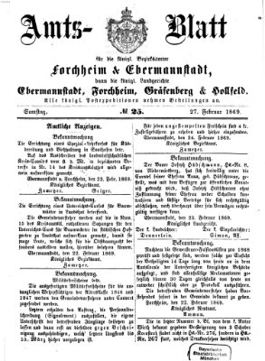 Amtsblatt für die Königlichen Bezirksämter Forchheim und Ebermannstadt sowie für die Königliche Stadt Forchheim Samstag 27. Februar 1869