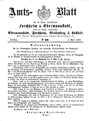 Amtsblatt für die Königlichen Bezirksämter Forchheim und Ebermannstadt sowie für die Königliche Stadt Forchheim Samstag 3. April 1869