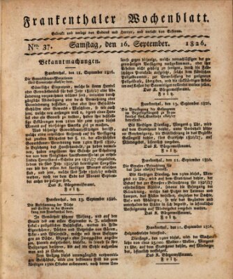 Frankenthaler Wochen-Blatt Samstag 16. September 1826