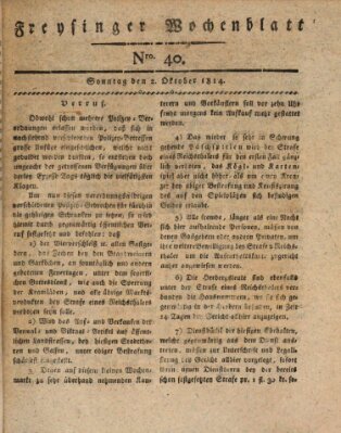 Freisinger Wochenblatt Sonntag 2. Oktober 1814