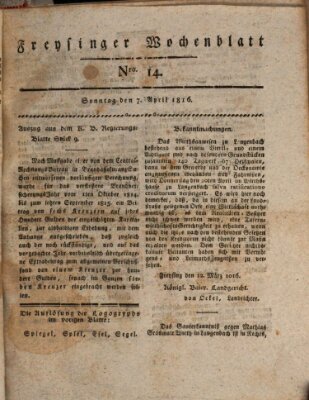 Freisinger Wochenblatt Sonntag 7. April 1816