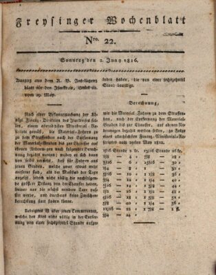 Freisinger Wochenblatt Sonntag 2. Juni 1816