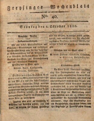 Freisinger Wochenblatt Sonntag 1. Oktober 1820