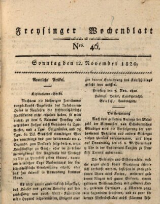 Freisinger Wochenblatt Sonntag 12. November 1820