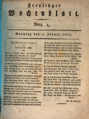 Freisinger Wochenblatt Sonntag 2. Januar 1831