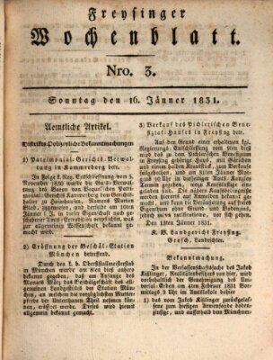 Freisinger Wochenblatt Sonntag 16. Januar 1831