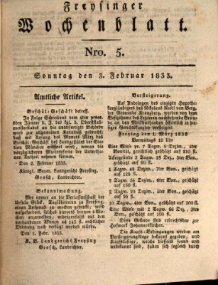 Freisinger Wochenblatt Sonntag 3. Februar 1833