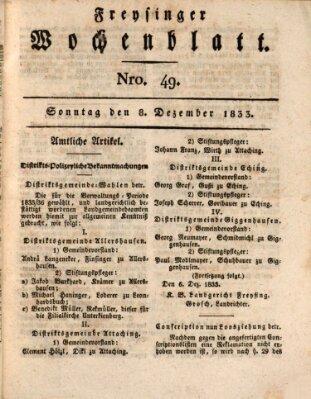 Freisinger Wochenblatt Sonntag 8. Dezember 1833