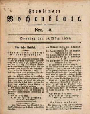 Freisinger Wochenblatt Sonntag 20. März 1836