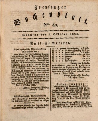 Freisinger Wochenblatt Sonntag 7. Oktober 1838