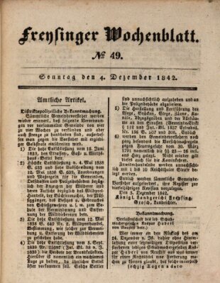 Freisinger Wochenblatt Sonntag 4. Dezember 1842