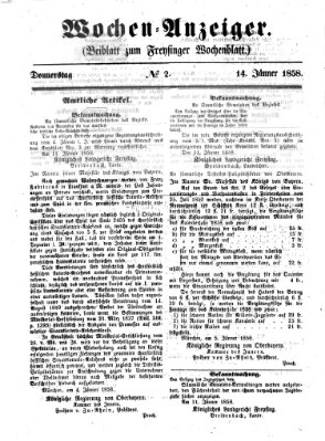 Freisinger Wochenblatt Donnerstag 14. Januar 1858